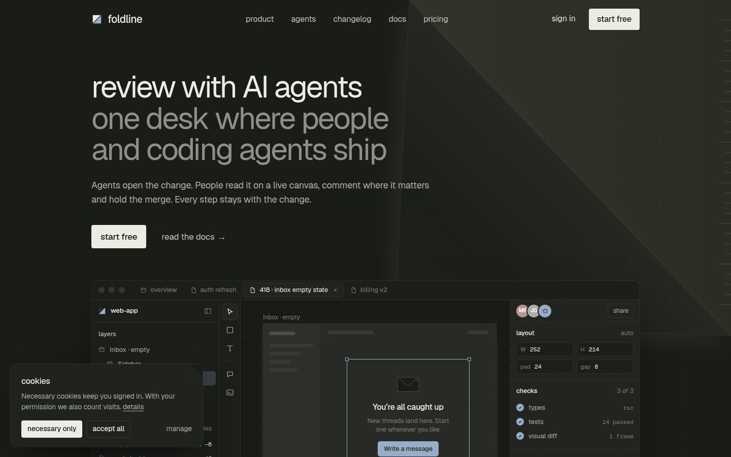 The top of Foldline's Home V1 page in dark mode