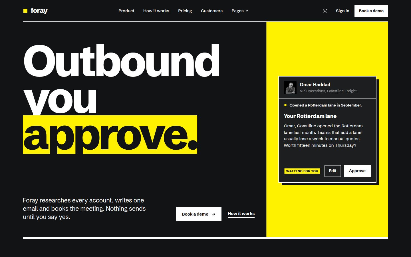 The top of Foray's Home V1 page in dark mode