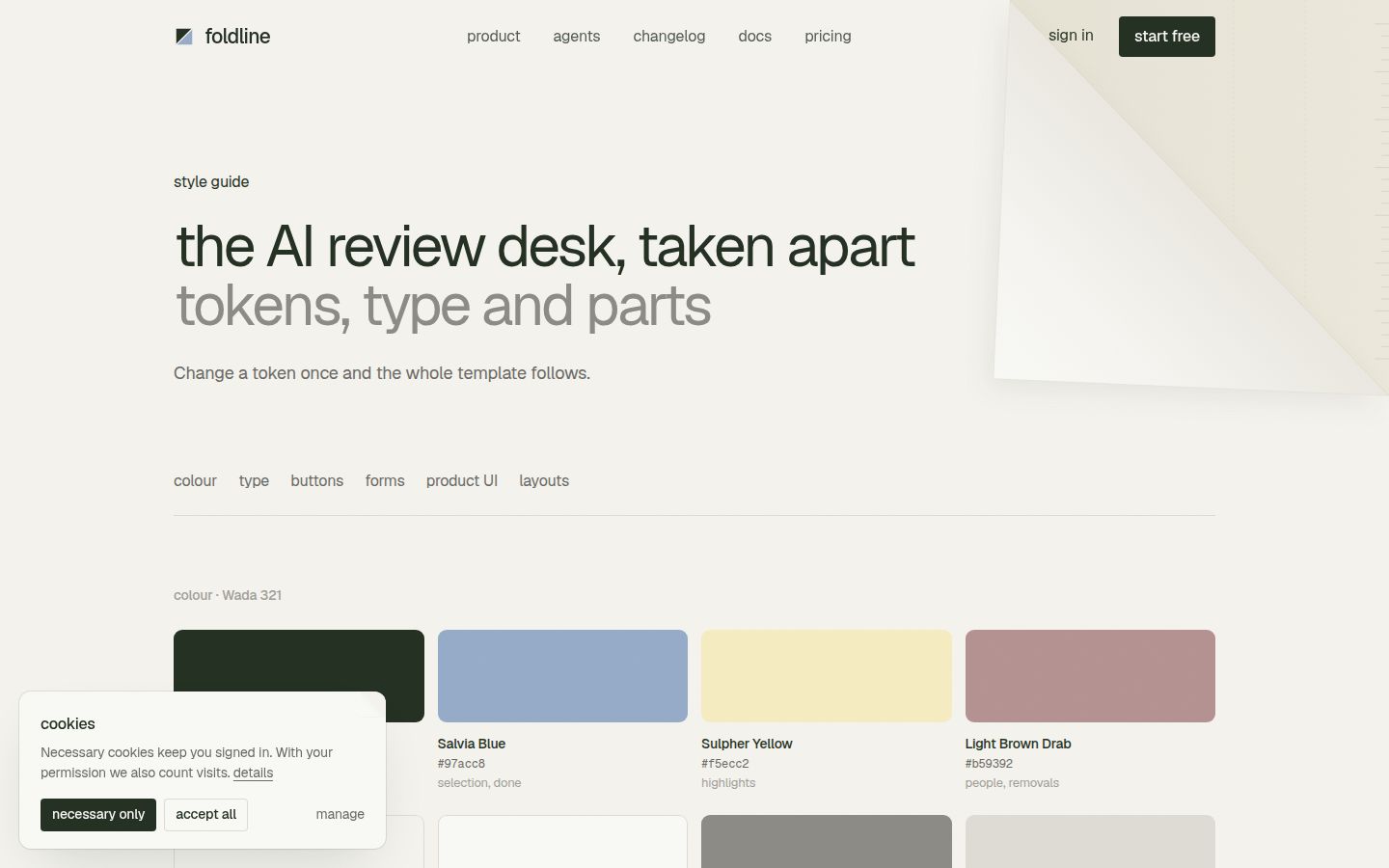 The top of Foldline's style guide page in the light theme.