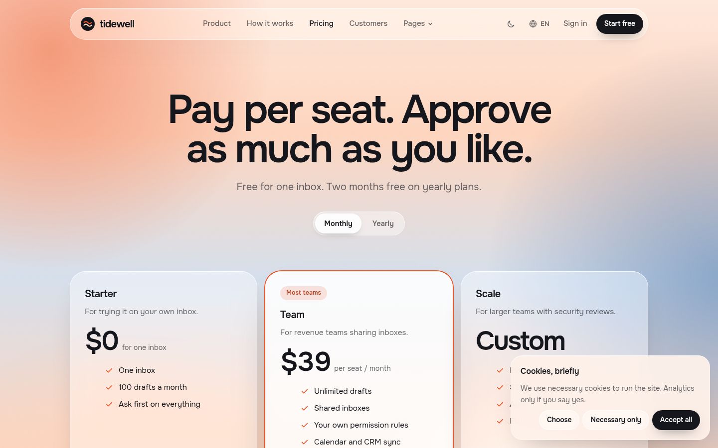 The top of Tidewell's pricing page in the light theme.