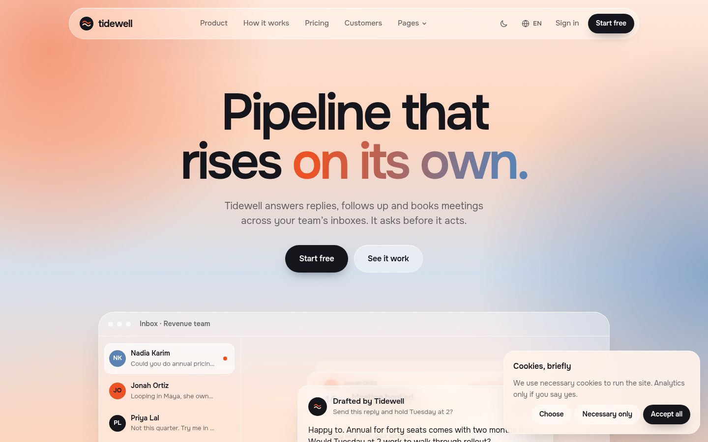 The top of Tidewell's Home V1 page in light mode