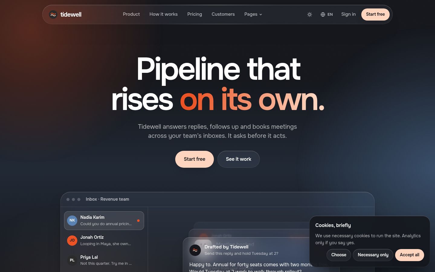 The top of Tidewell's Home V1 page in dark mode
