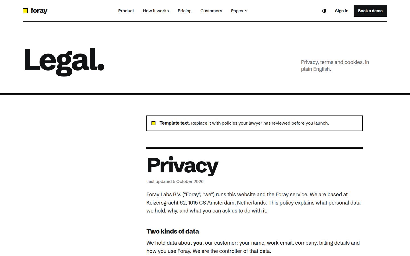 The top of Foray's legal page in the light theme.