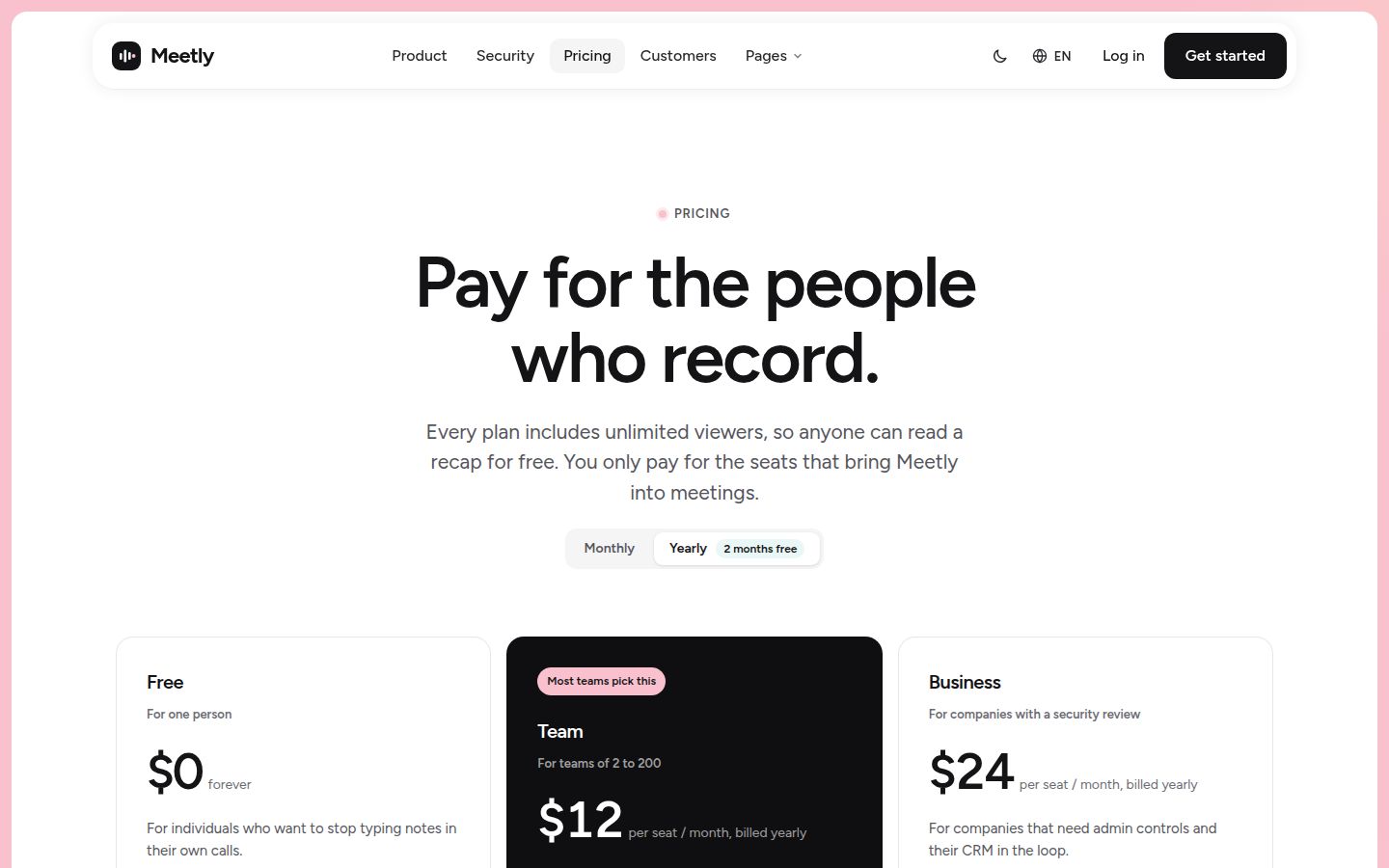 The top of Meetly's pricing page