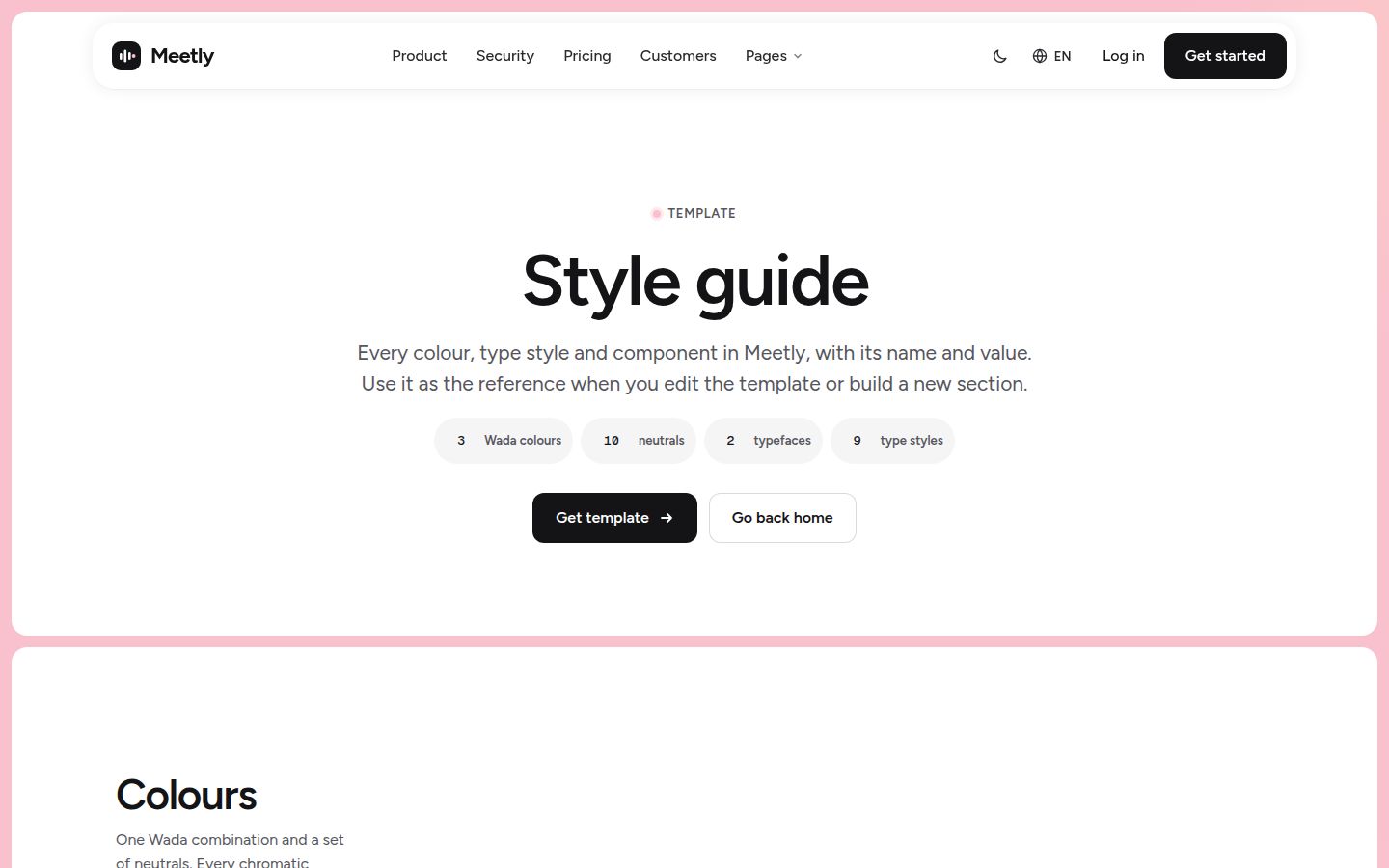 The top of Meetly's style guide page