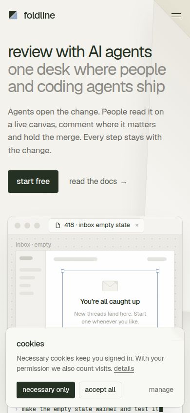 The top of Foldline's Home V1 page at phone width.
