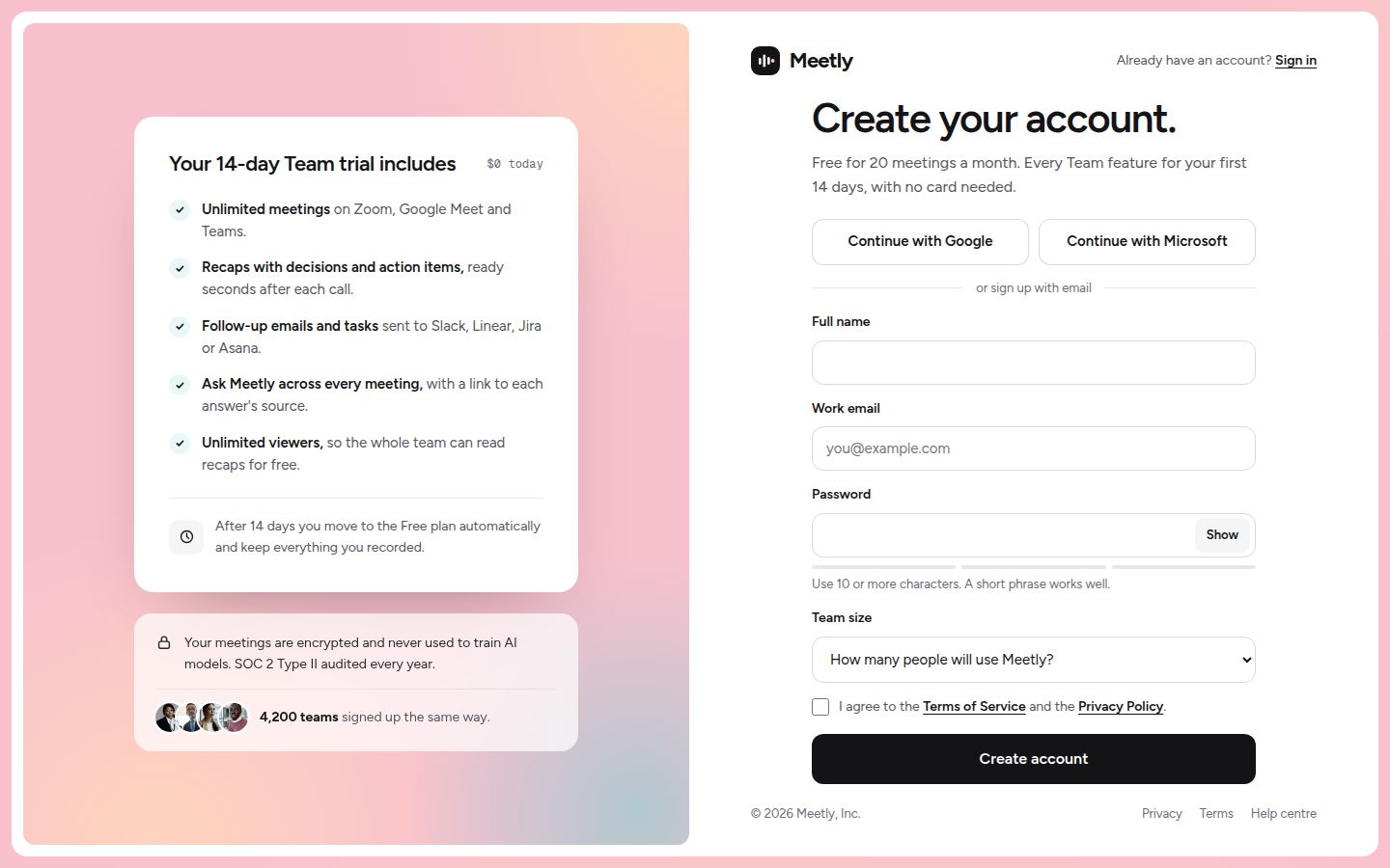 The top of Meetly's sign-up page