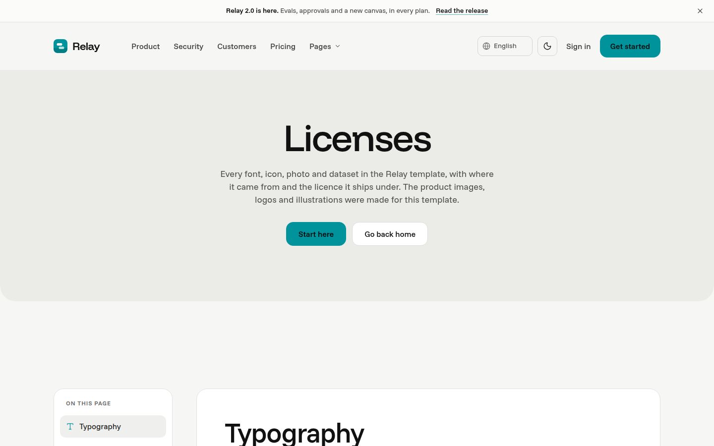 The top of Relay's licences page
