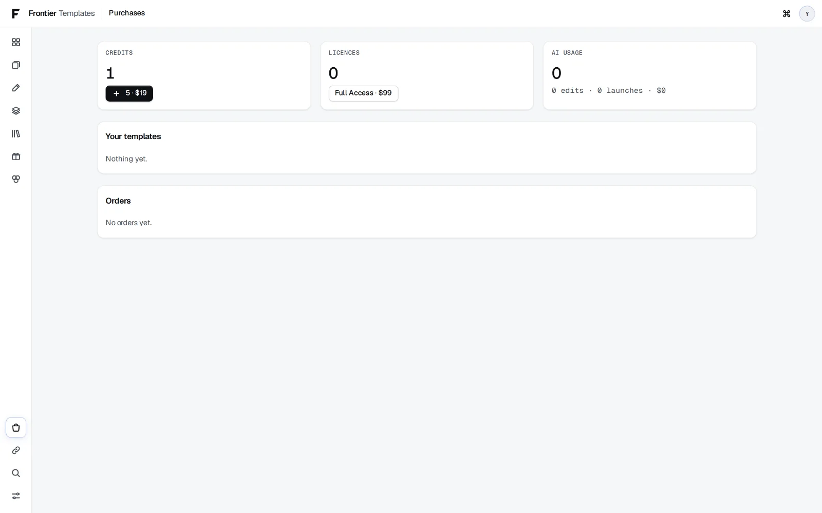 The Purchases and credits screen: one credit, a pack of five for nineteen dollars, licences, AI usage and orders.