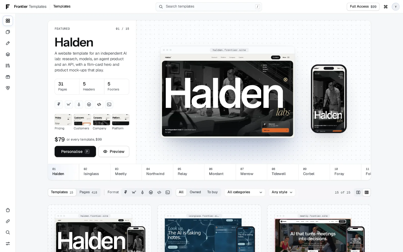 The Studio app's Templates screen: Halden featured with its pages, formats and price, a desktop and phone preview, and a row of every template below.