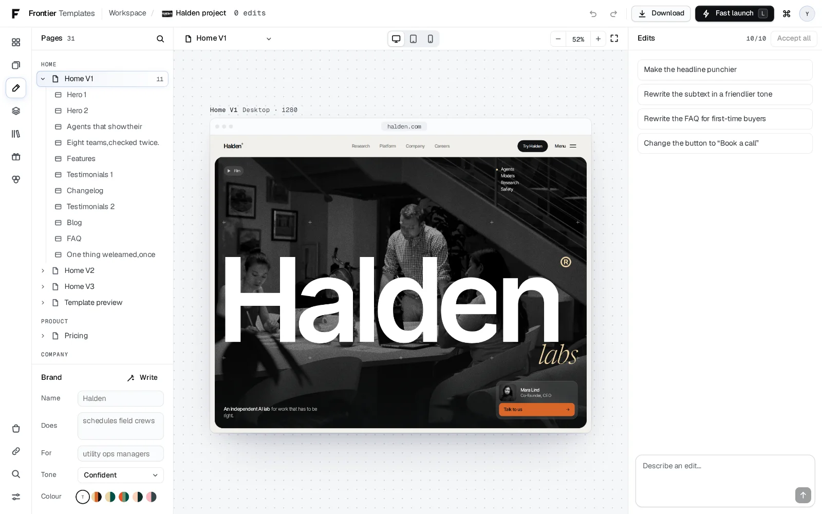 The Workspace in the Studio app: a brand panel on the left, the Halden home page in a live preview, and an AI edit panel on the right.