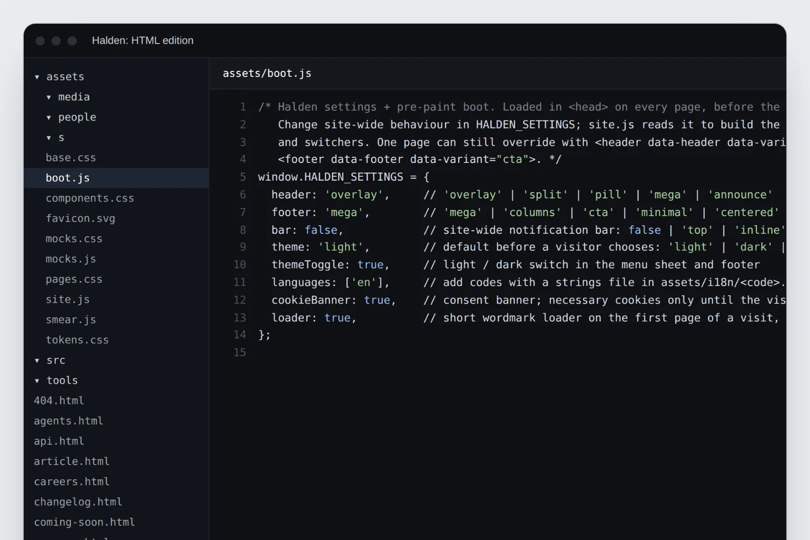 assets/boot.js open in an editor with the HALDEN_SETTINGS object.
