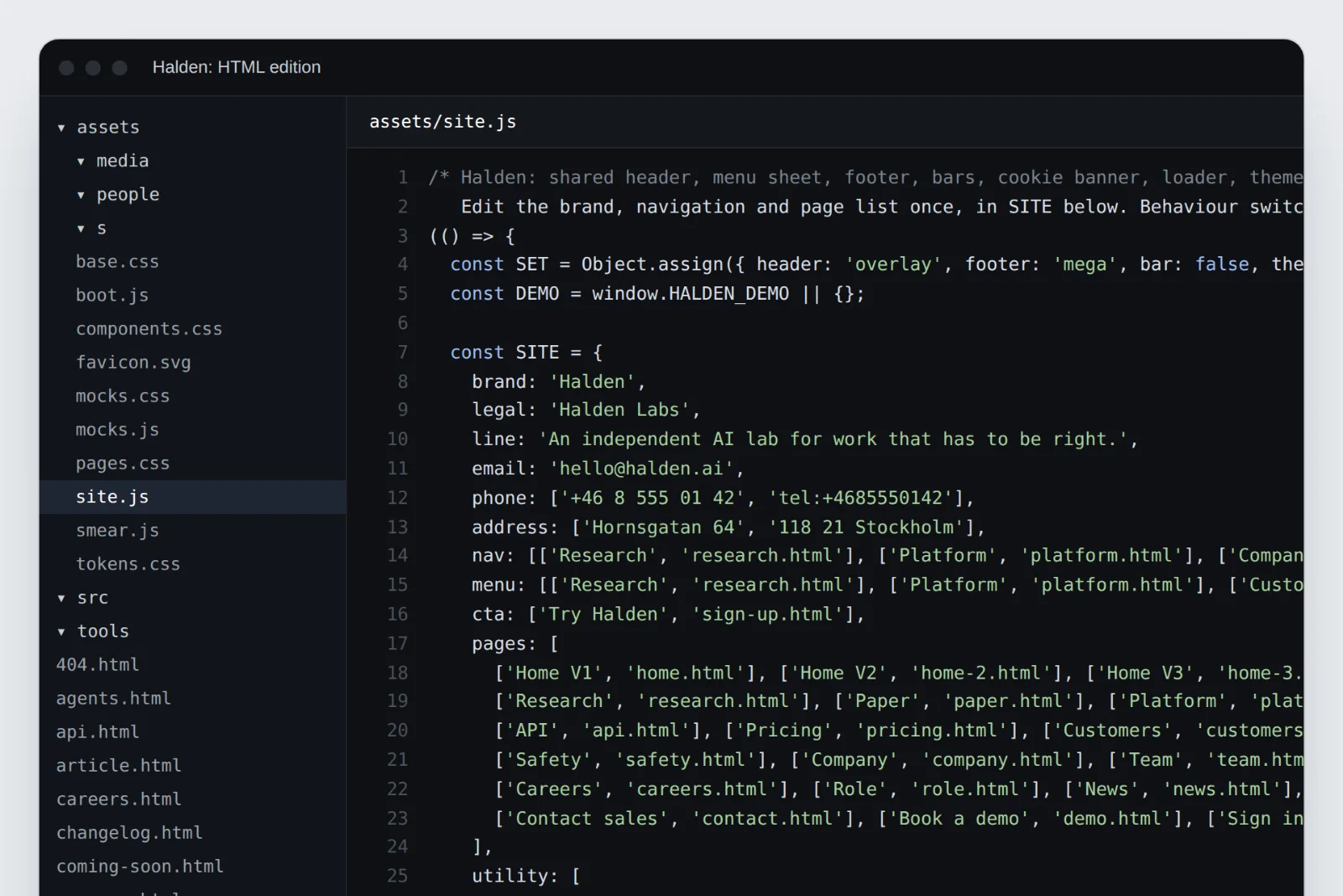 assets/site.js open in an editor, showing the SITE object with brand Halden, legal name, email, phone, address, nav and menu entries.