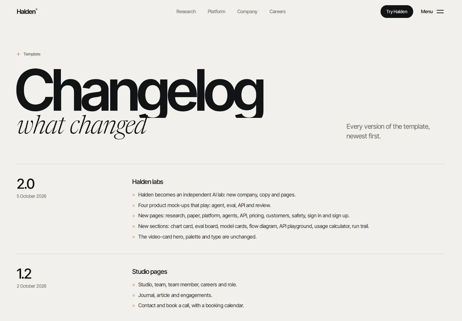 Halden's changelog page: the title Changelog, what changed, with versions 2.0 and 1.2 and their notes.