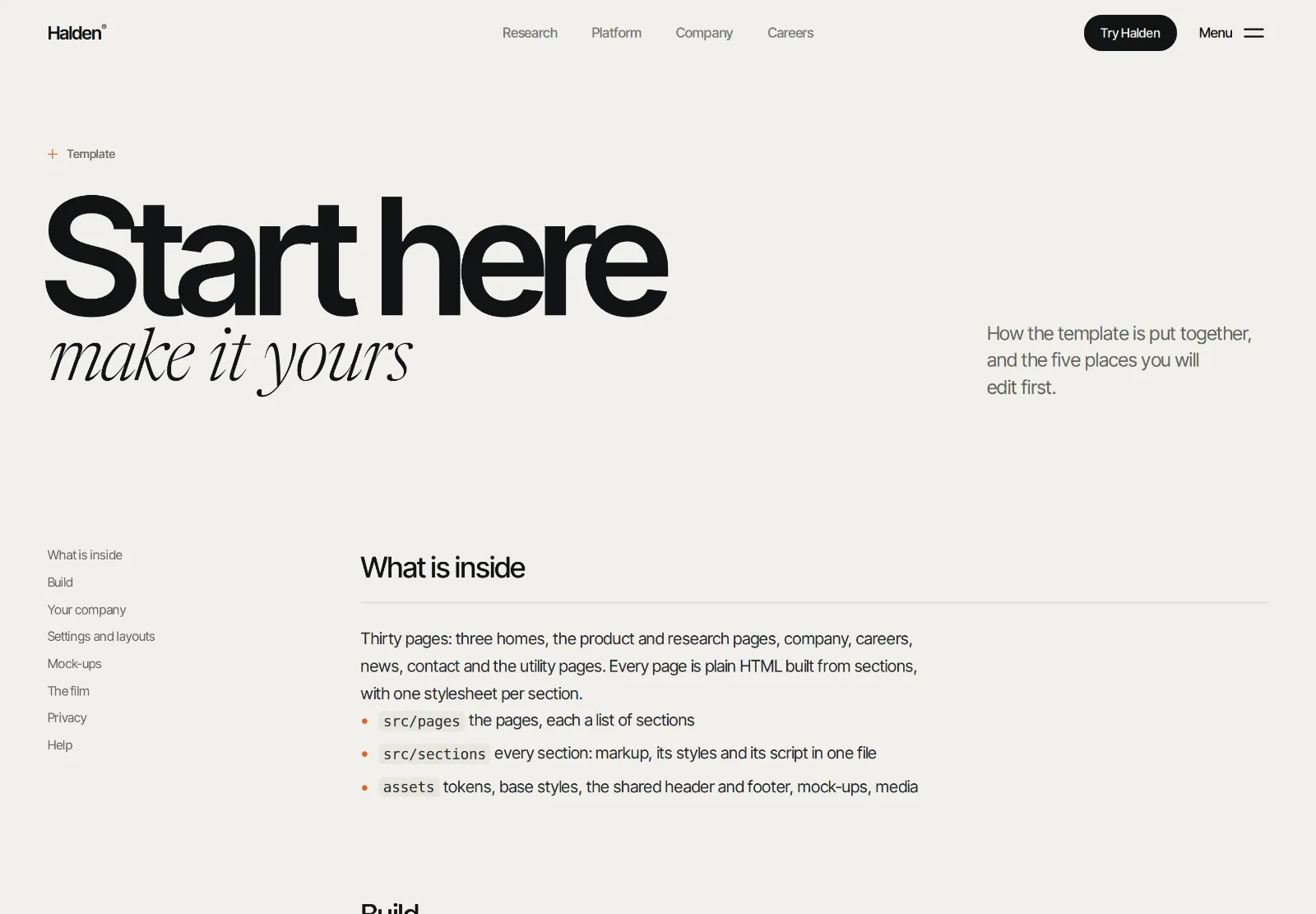 The Start here page inside the Halden template: the title “Start here, make it yours” and a list of sections down the left.