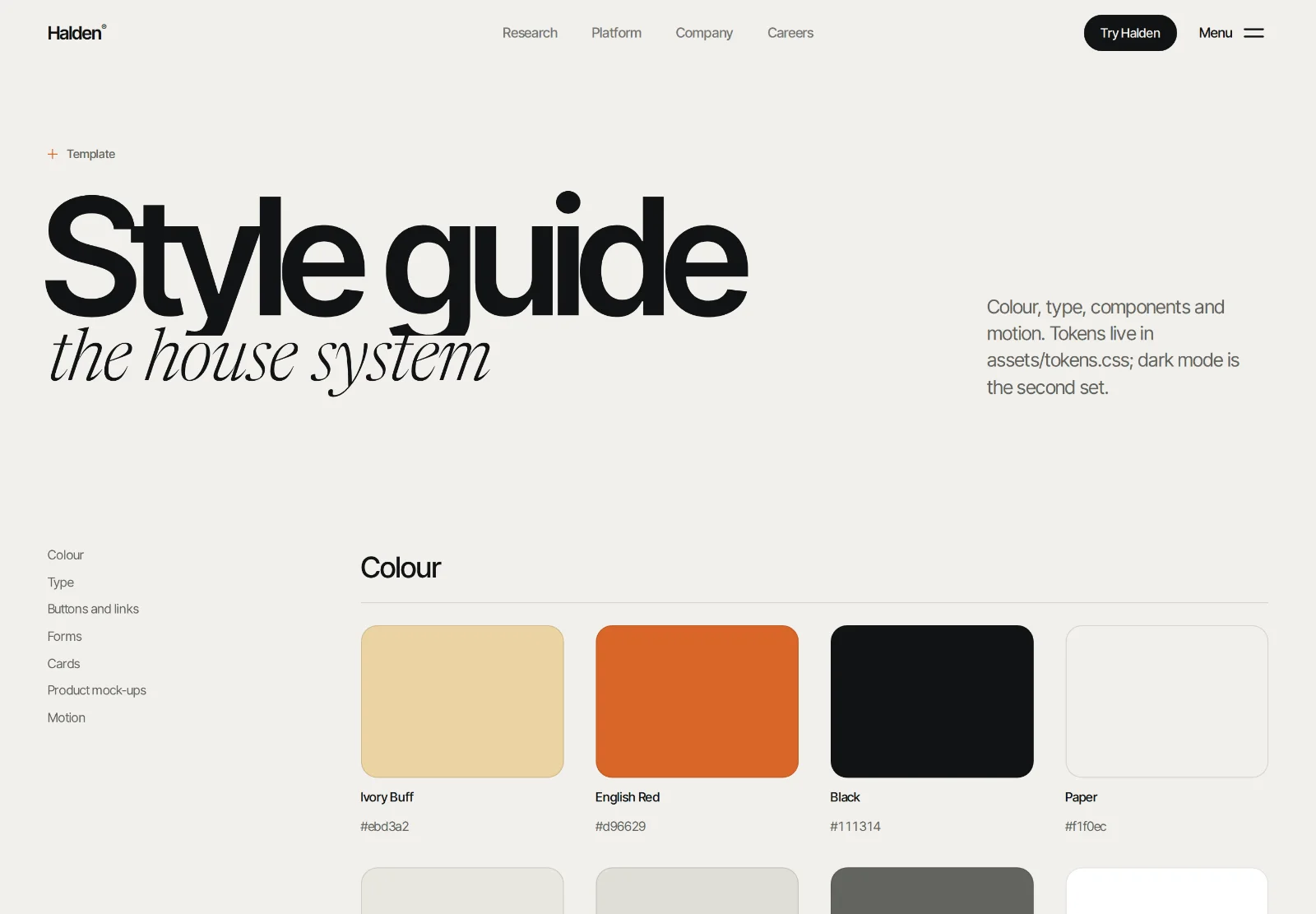 Halden's style guide page: the title Style guide, the house system, and three colour swatches: buff, English red and black.