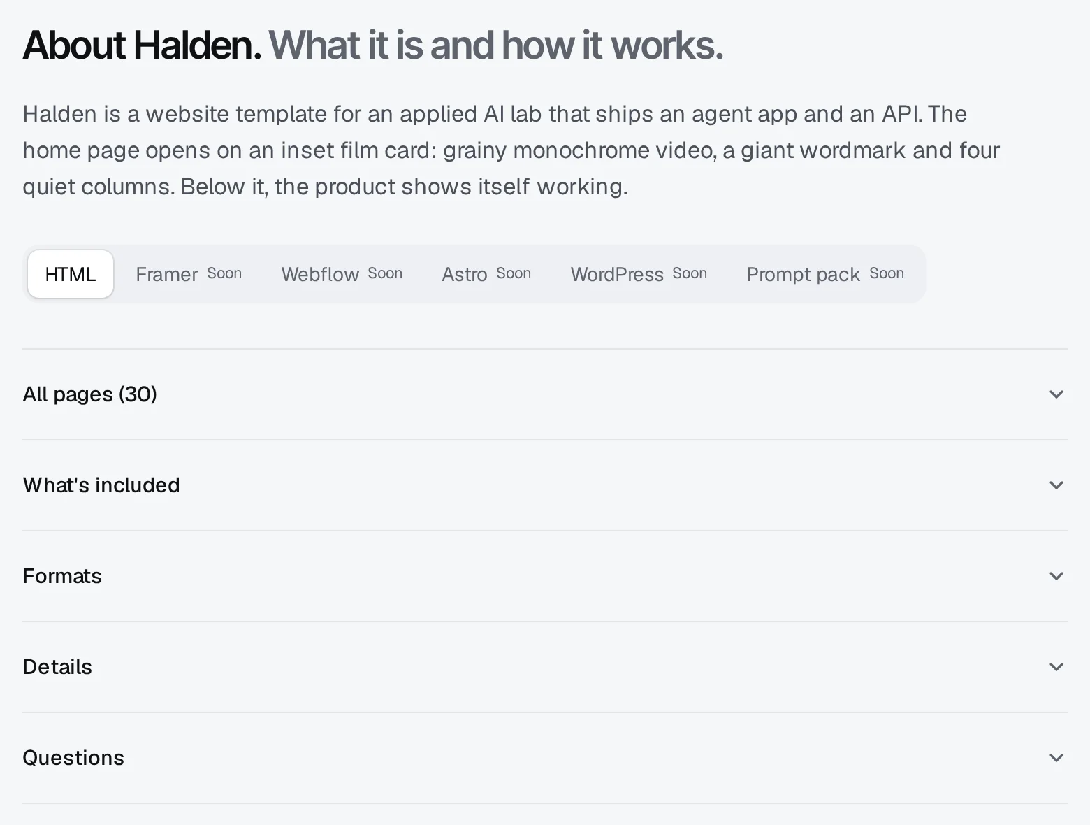 The About section of the Halden template page, with format tabs: HTML selected, and Framer, Webflow, Astro, WordPress and Prompt pack marked Soon.