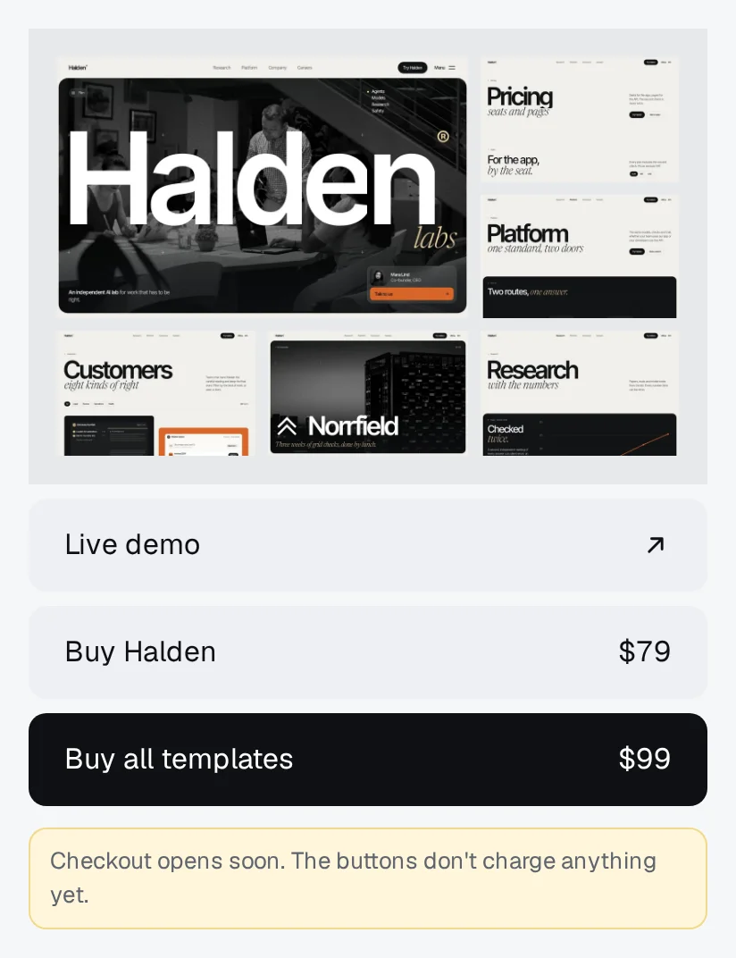The buy card on the Halden template page: a page collage, a Live demo link, Buy Halden for 79 dollars and Buy all templates for 99 dollars.