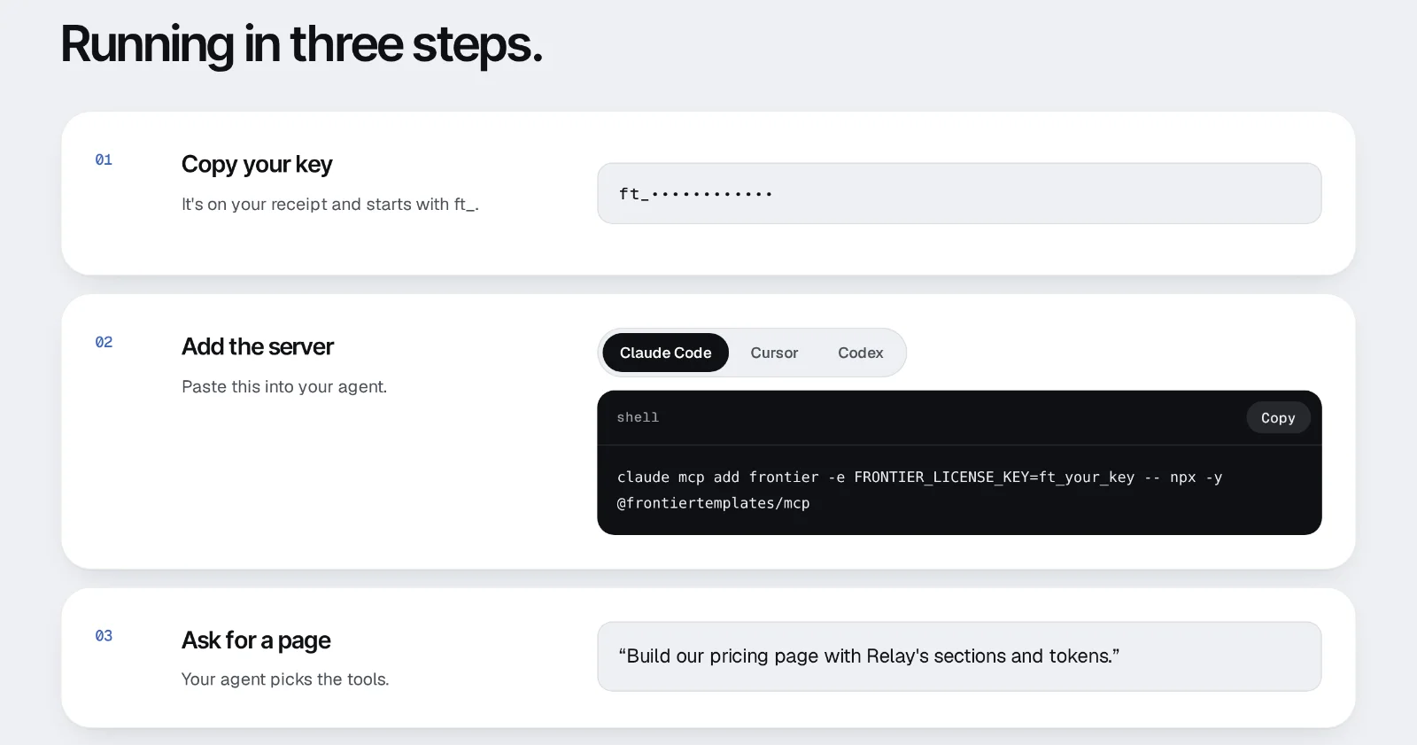 The MCP page's setup steps: copy your key, add the server with tabs for Claude Code, Cursor and Codex, and ask for a page.