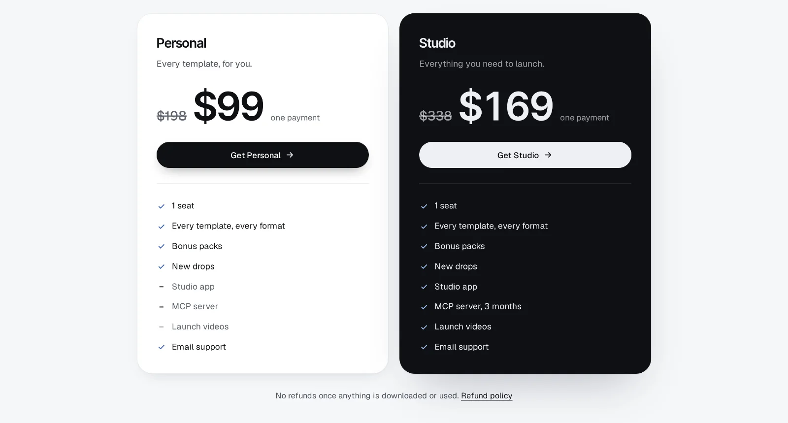 The pricing page plan cards: Personal at 99 dollars and Studio at 169 dollars, each with the full price struck through and a list of what is included.
