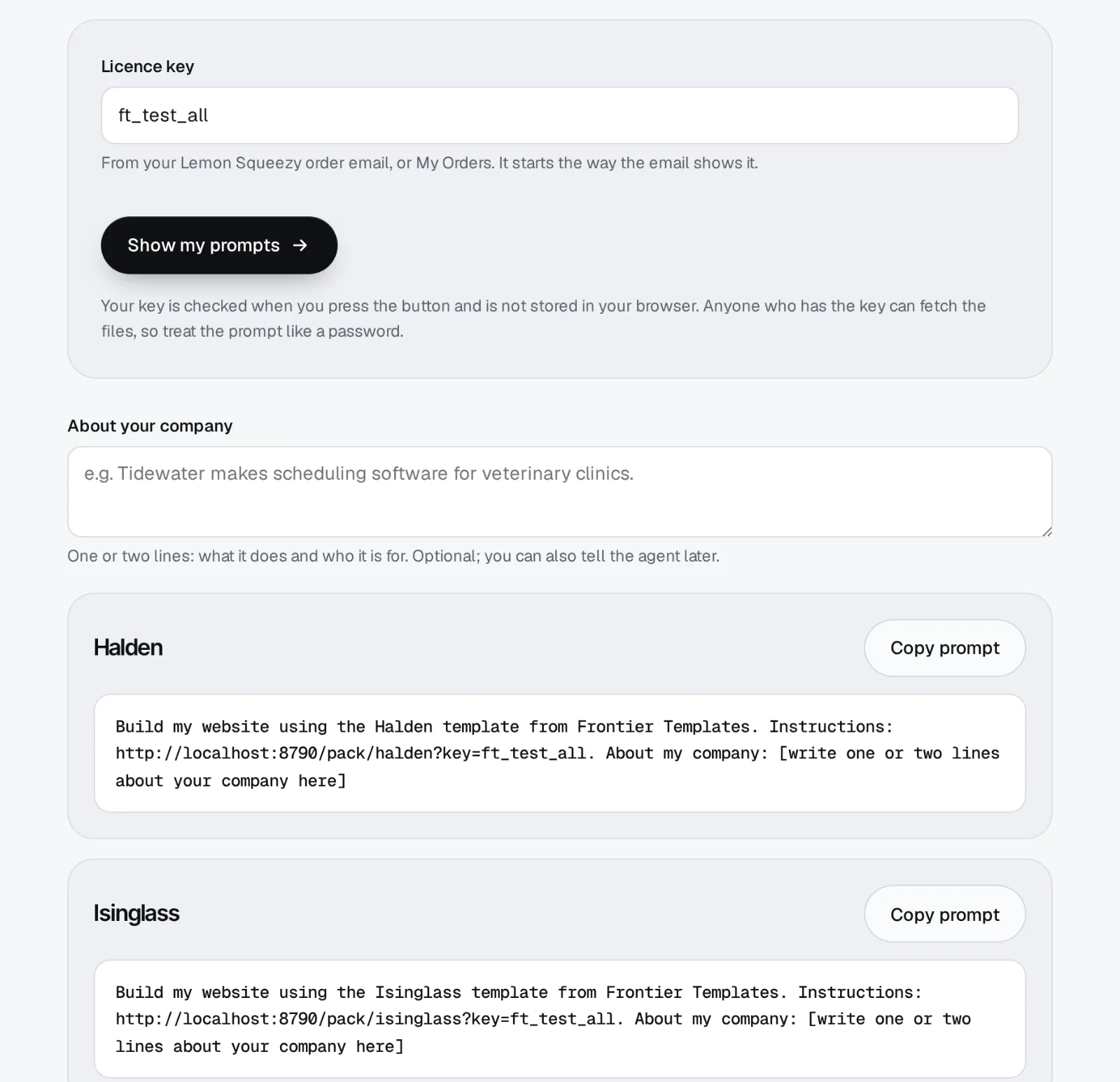 The Get my prompt page with a licence key entered and one prompt card per template, each with a Copy prompt button.