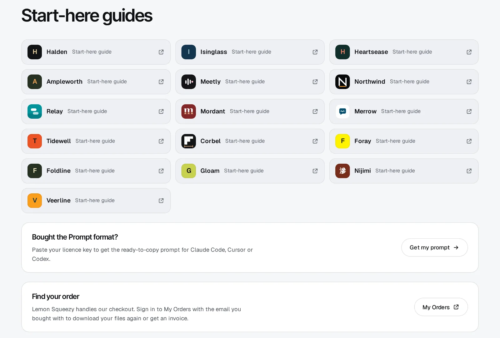 The Support page: a grid of Start-here guides, one per template, and panels for the prompt and for orders.
