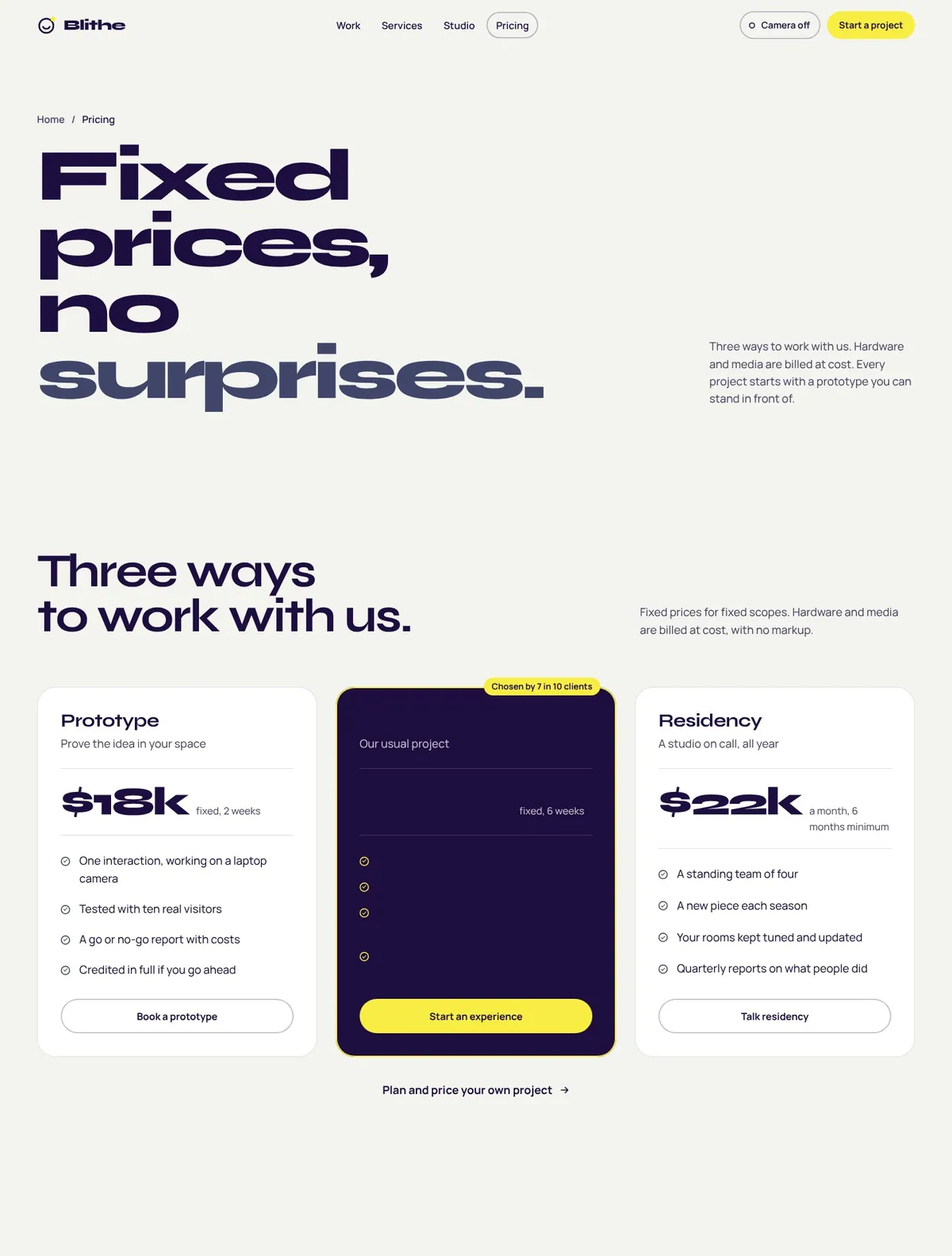Blithe, Pricing page