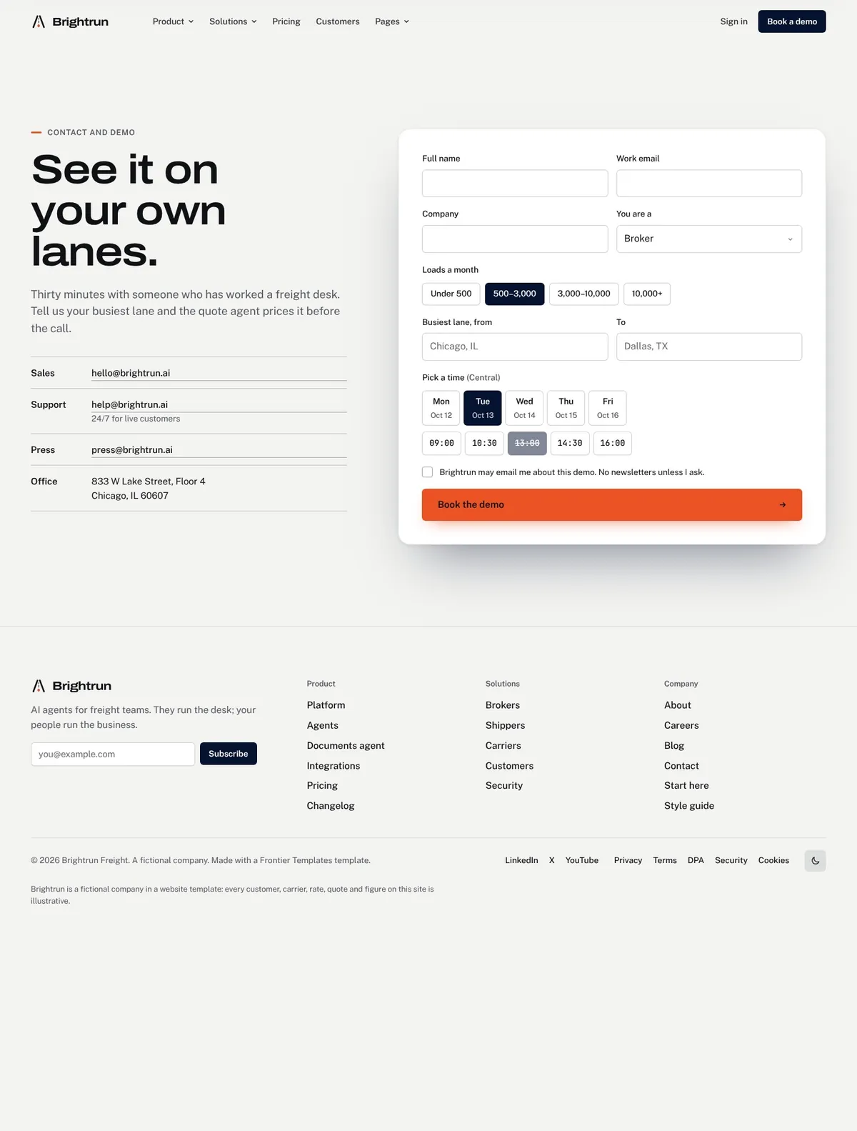 Brightrun, Contact and demo page