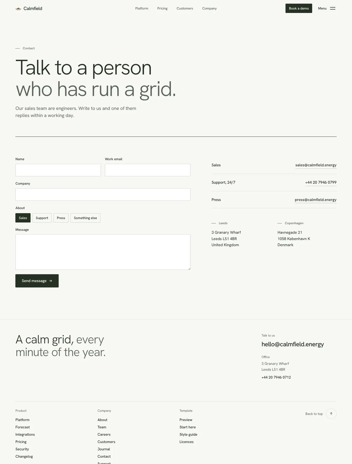 Calmfield, Contact V1 page
