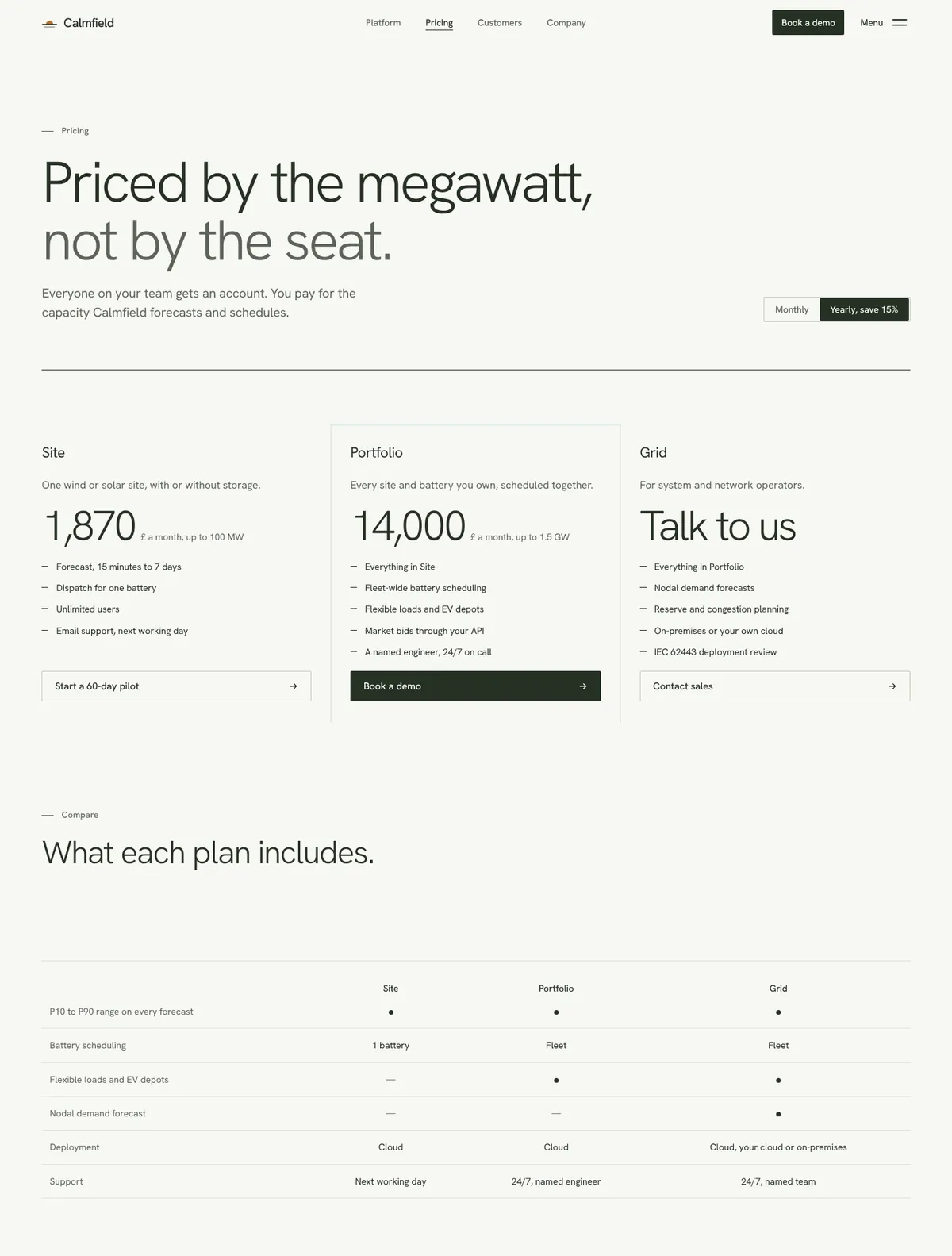 Calmfield, Pricing page