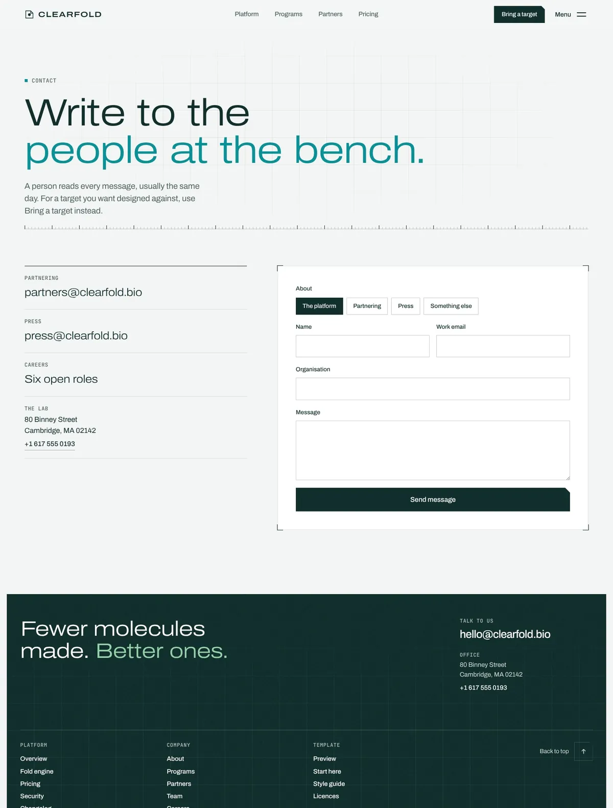 Clearfold, Contact page