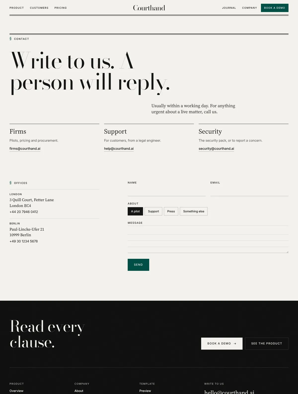 Courthand, Contact page