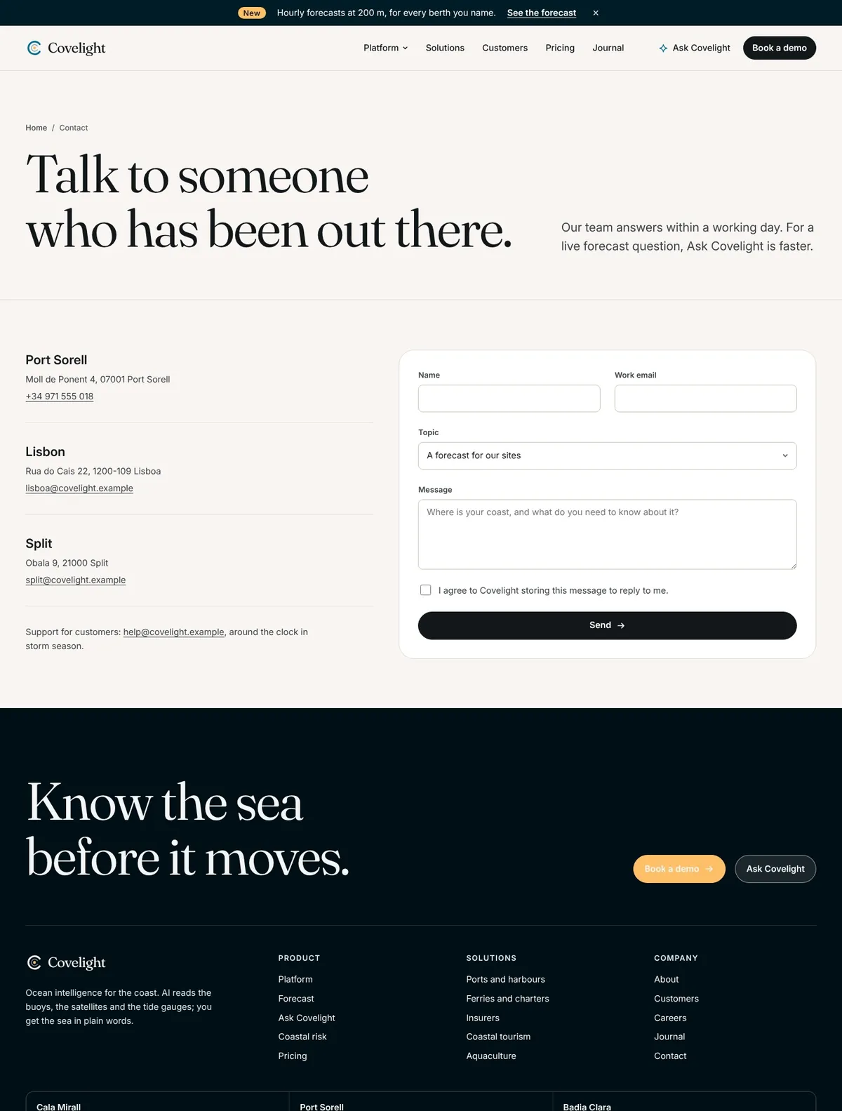 Covelight, Contact page