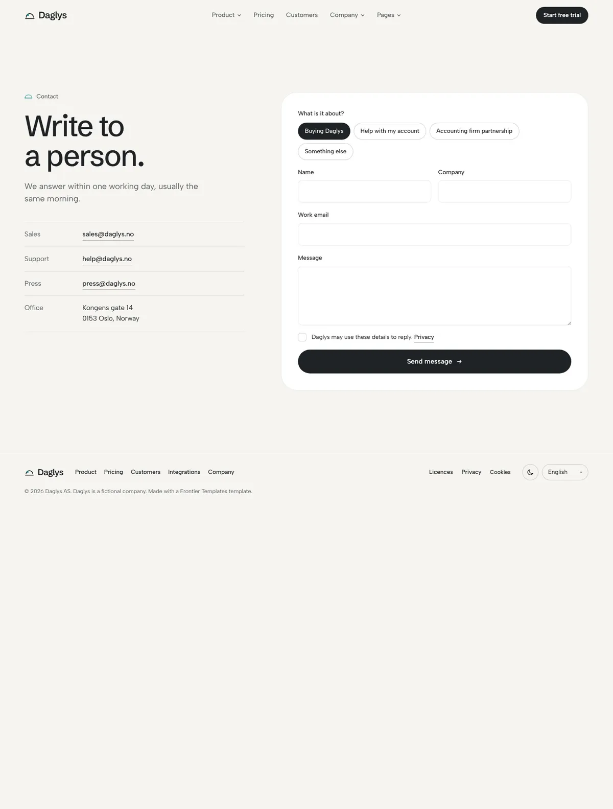 Daglys, Contact page