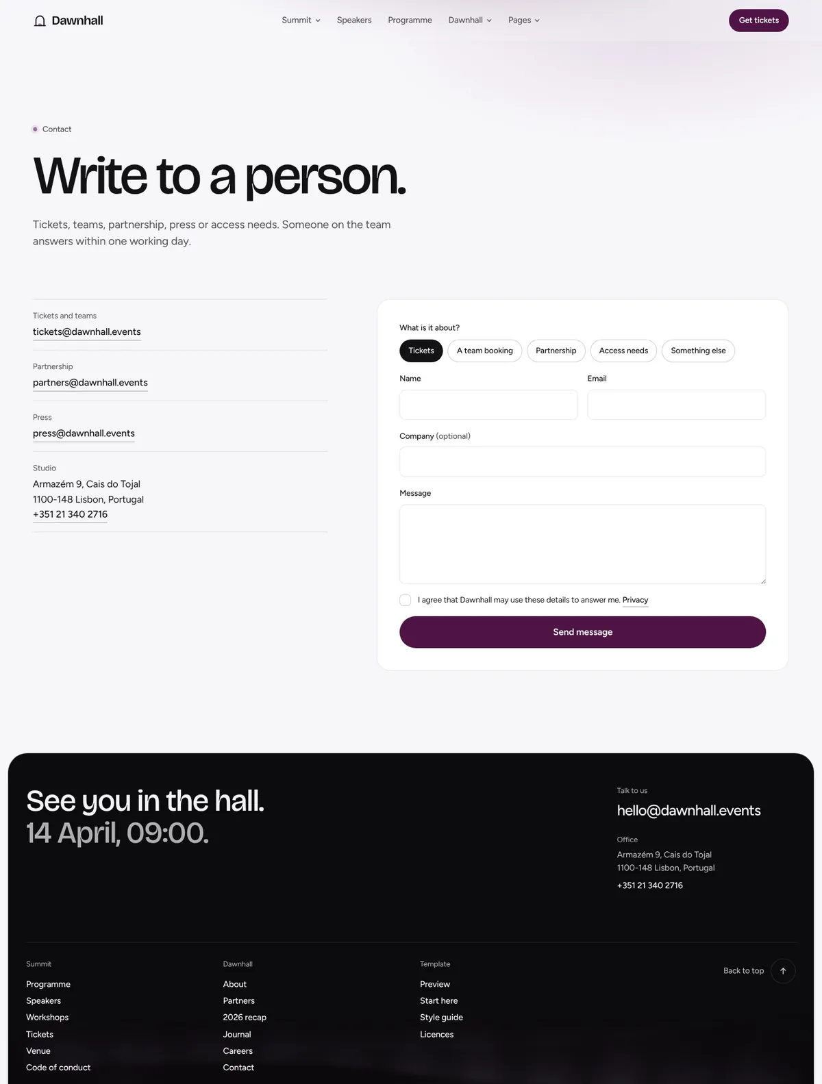 Dawnhall, Contact page
