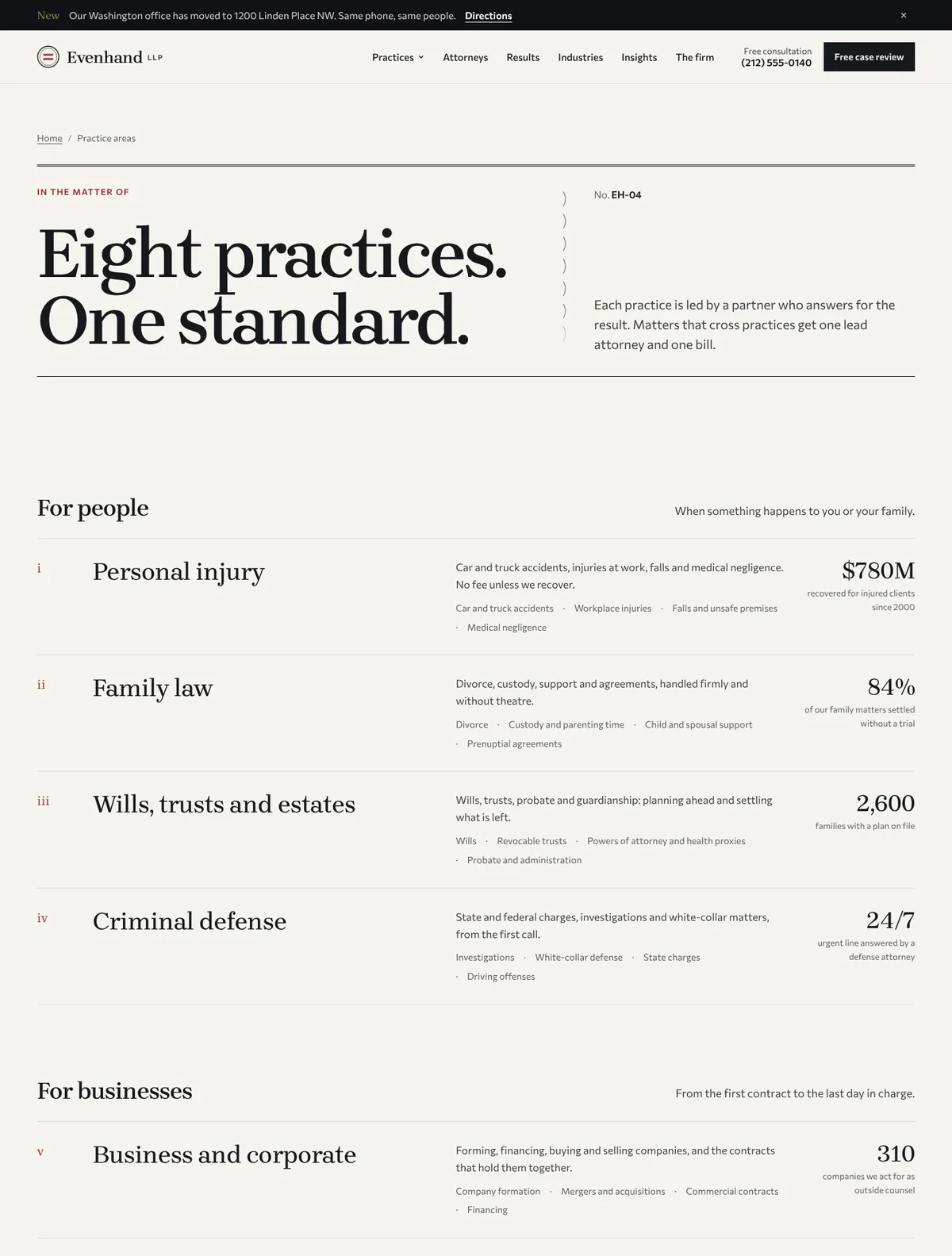 Evenhand, Practice areas page
