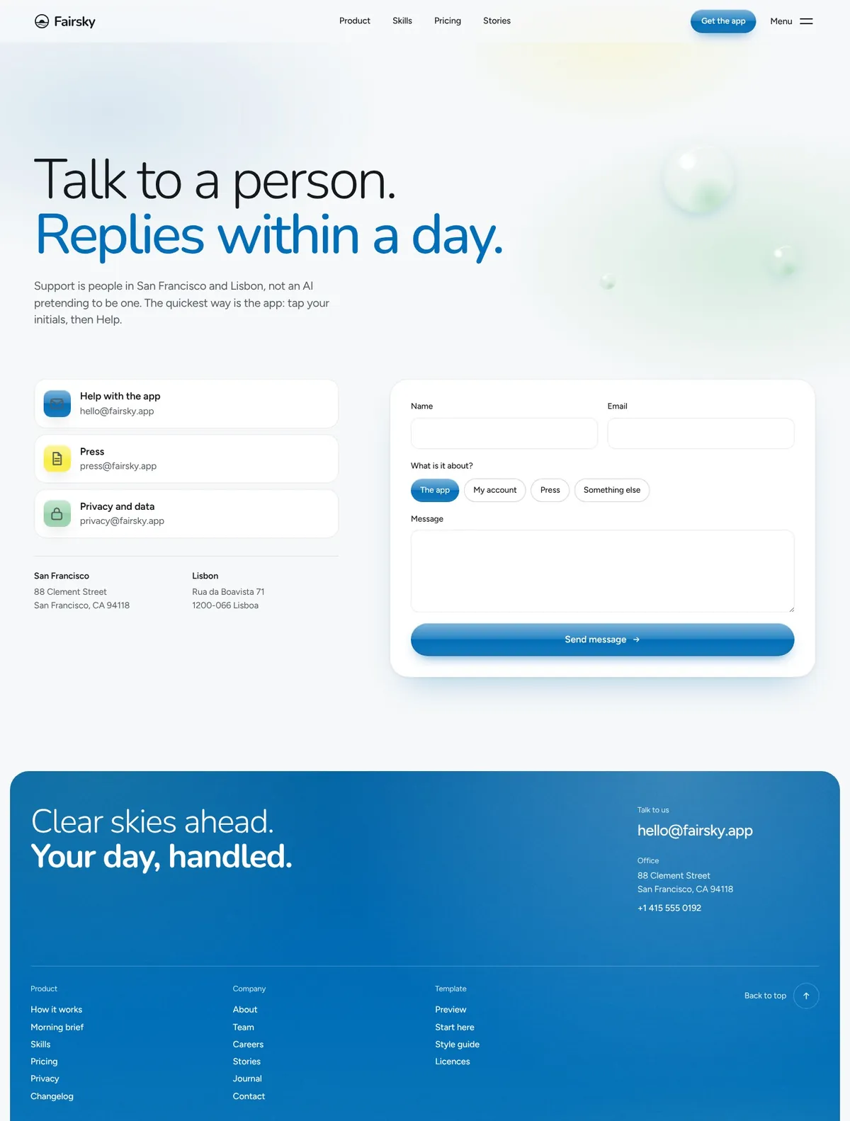 Fairsky, Contact page
