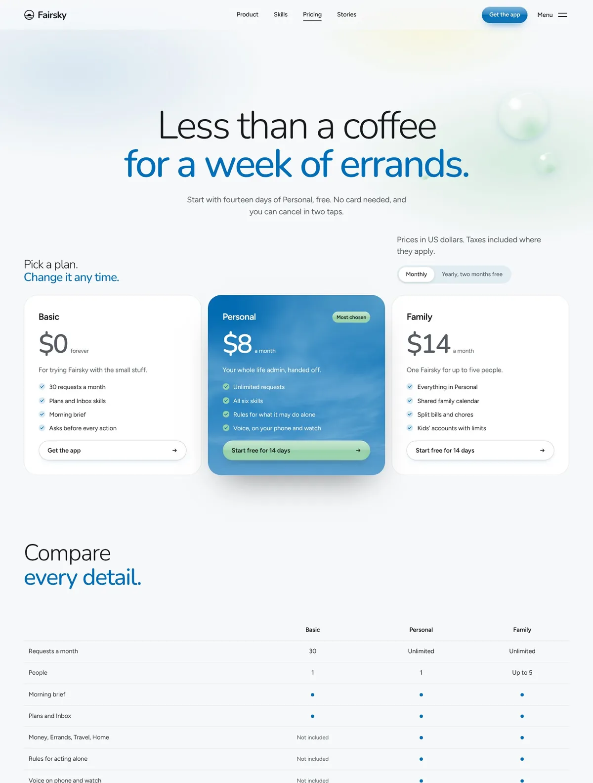 Fairsky, Pricing page