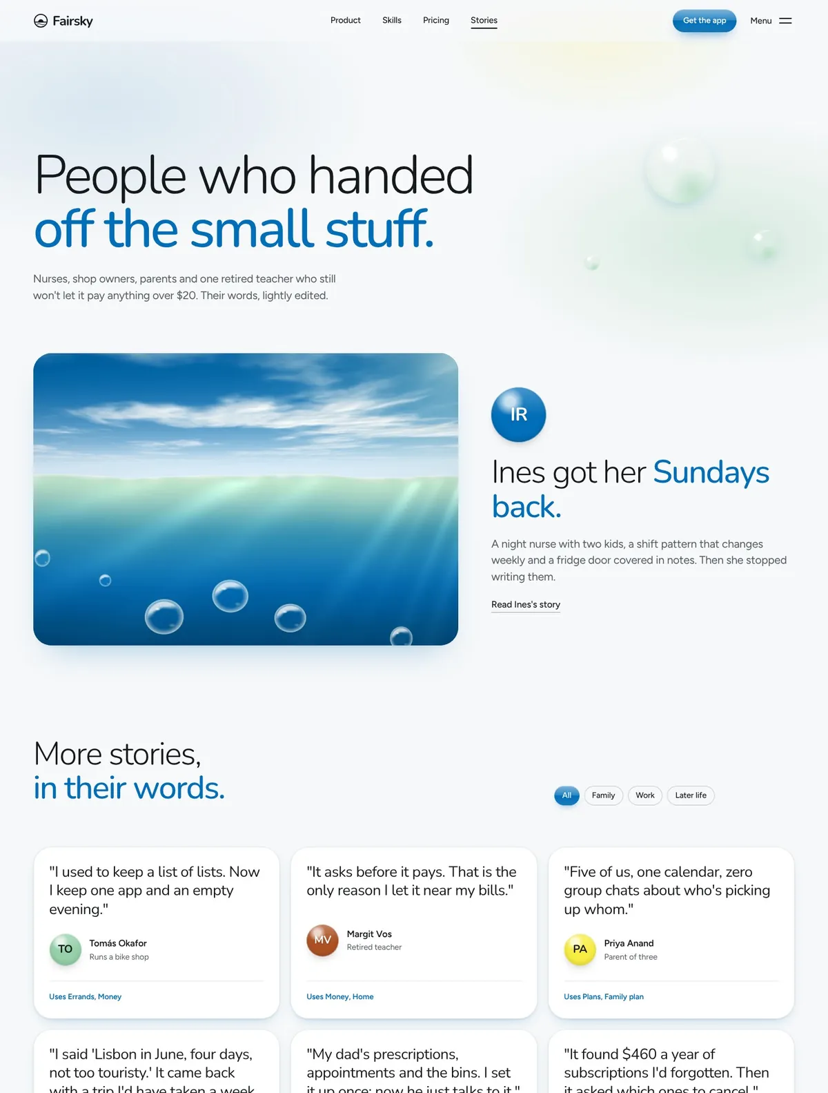 Fairsky, Stories page