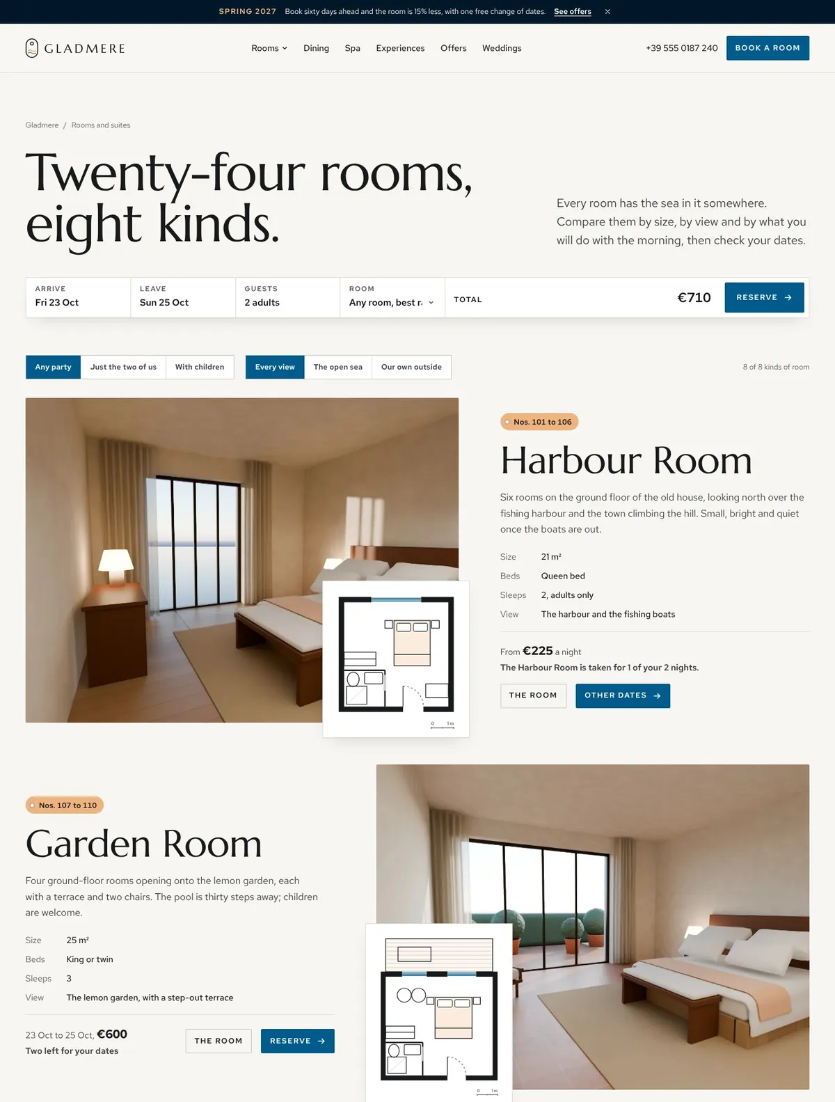 Gladmere, Rooms and suites page