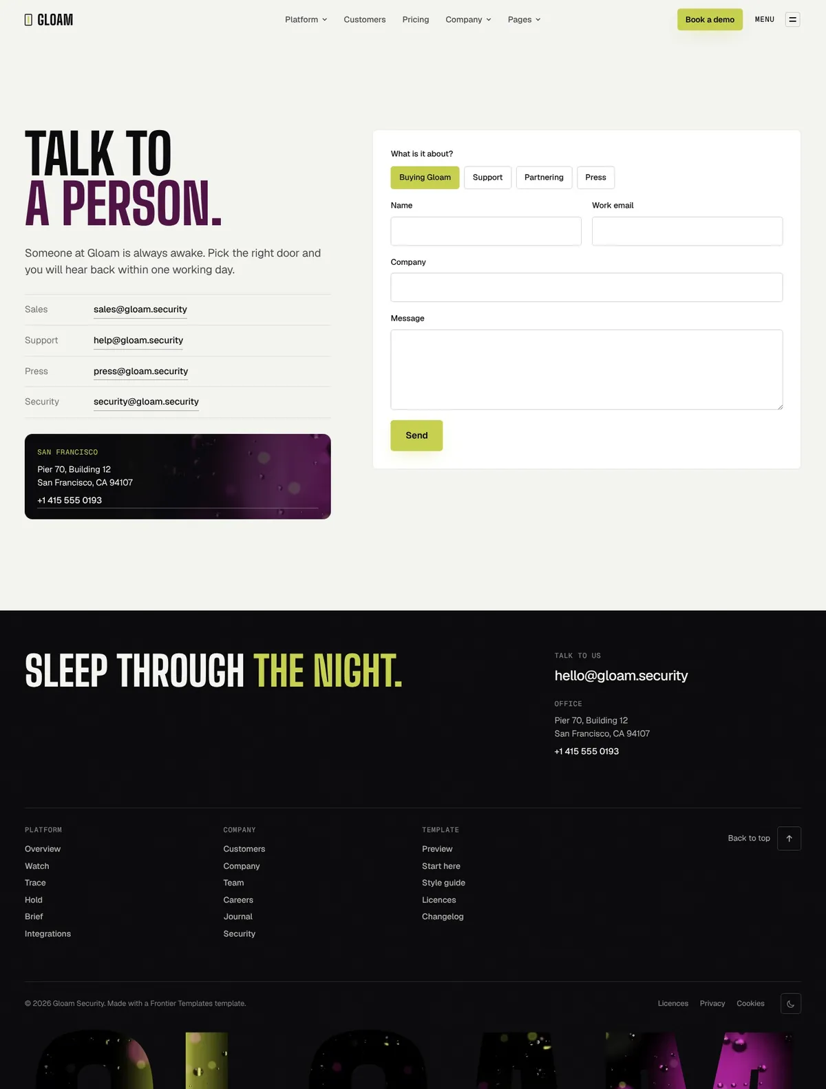Gloam, Contact page