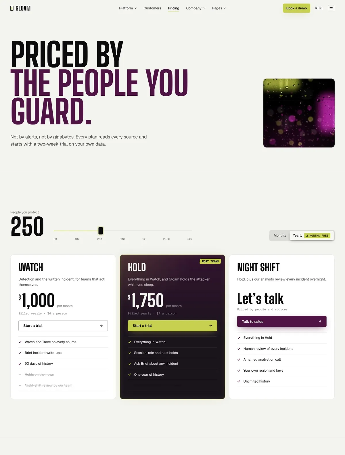 Gloam, Pricing page
