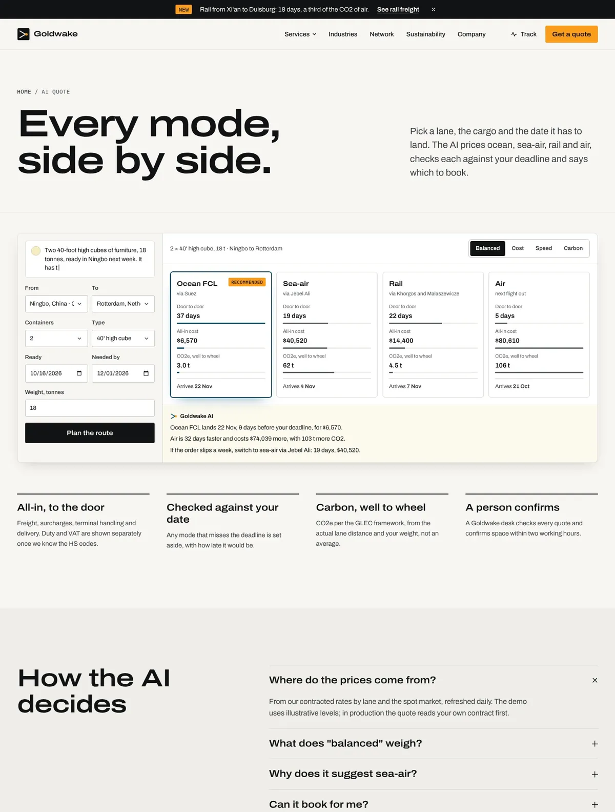 Goldwake, AI quote and routing page