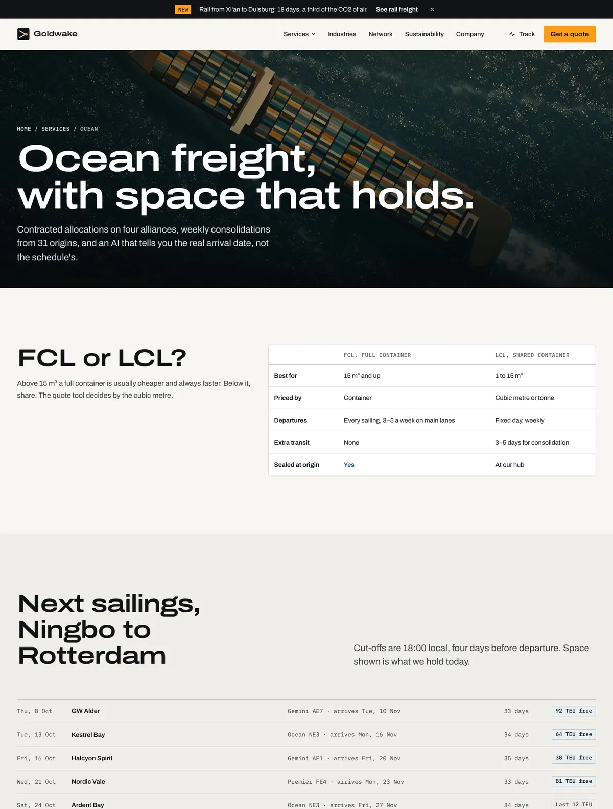 Goldwake, Ocean freight page