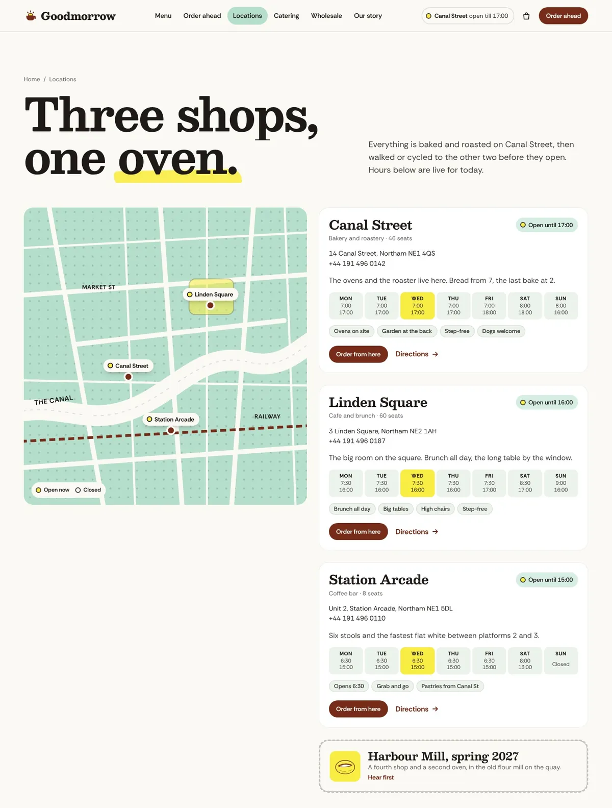 Goodmorrow, Locations and hours page
