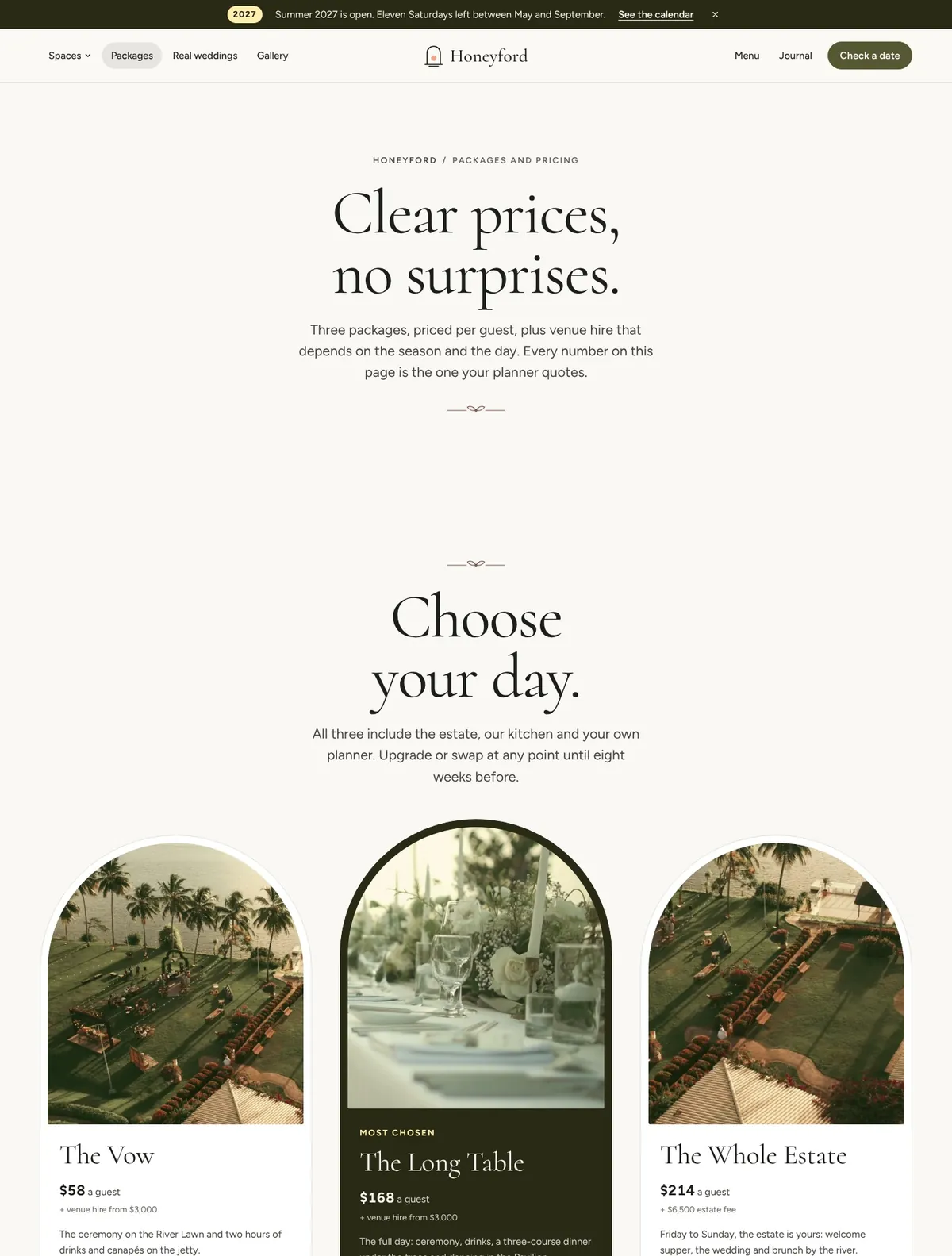 Honeyford, Packages and pricing page