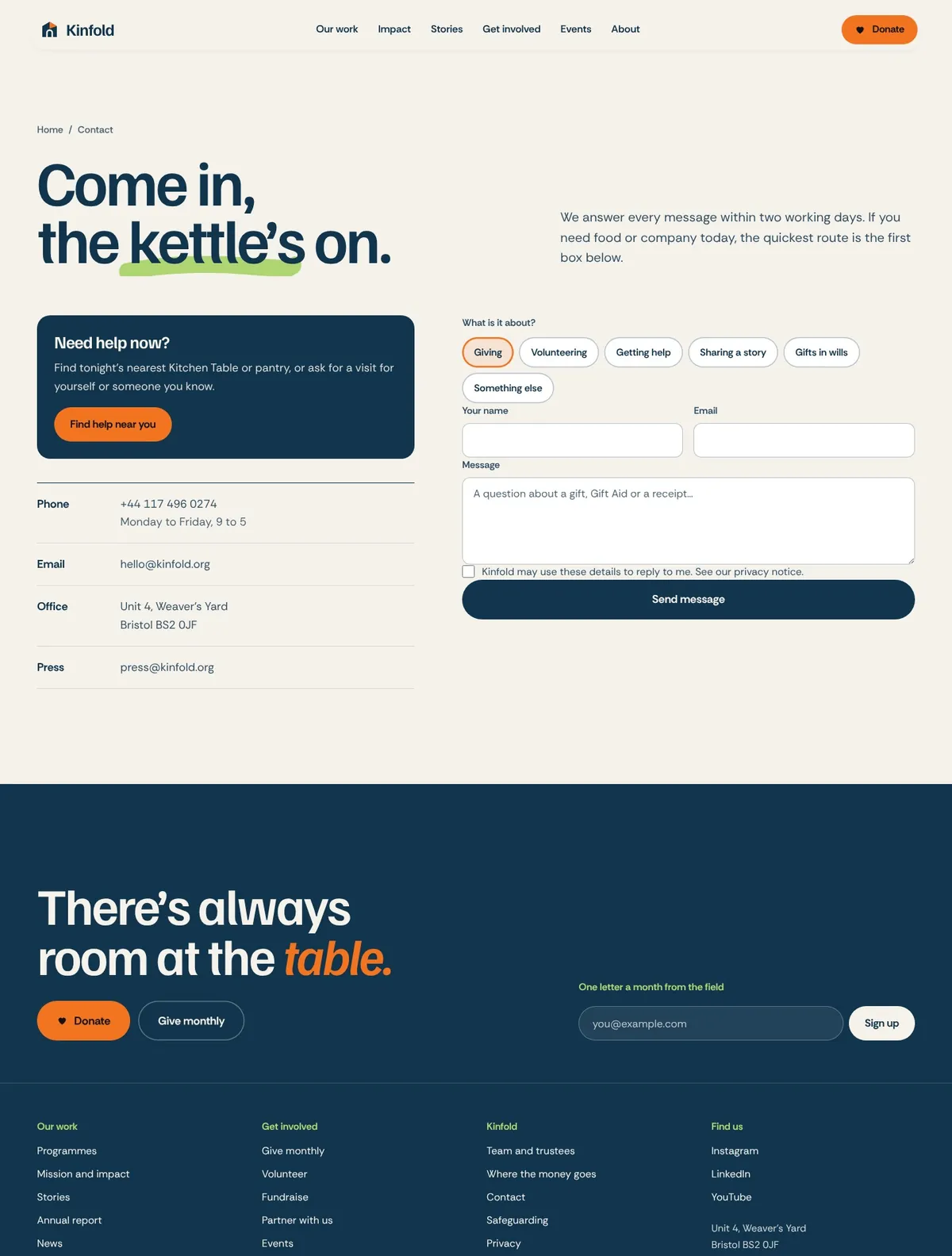 Kinfold, Contact page