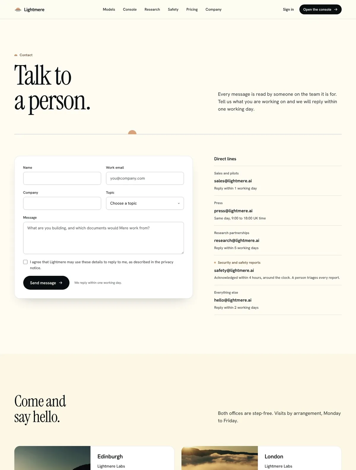 Lightmere, Contact page