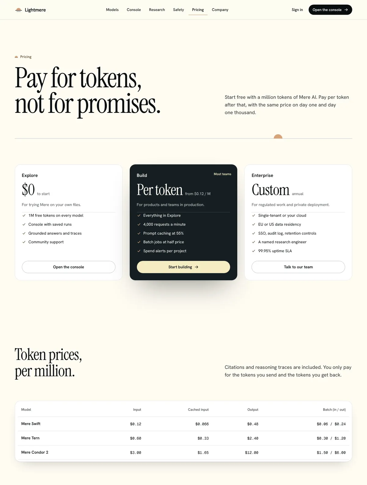 Lightmere, Pricing page