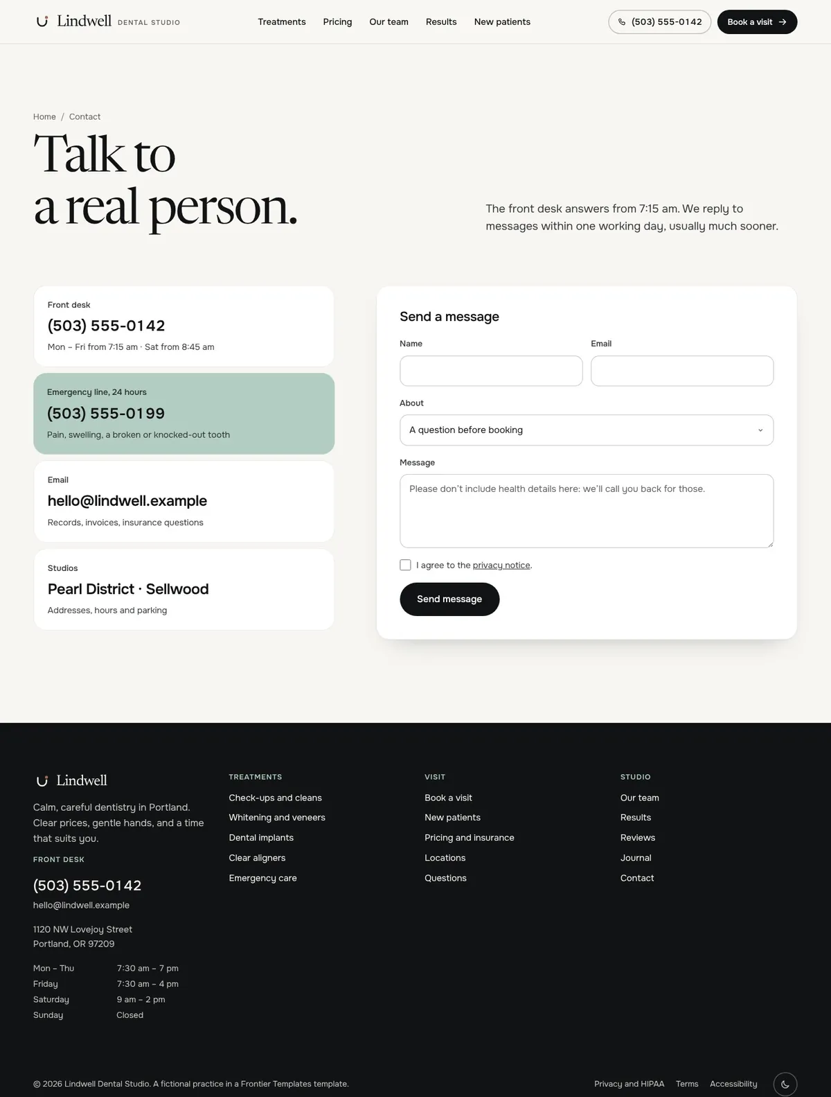 Lindwell, Contact page